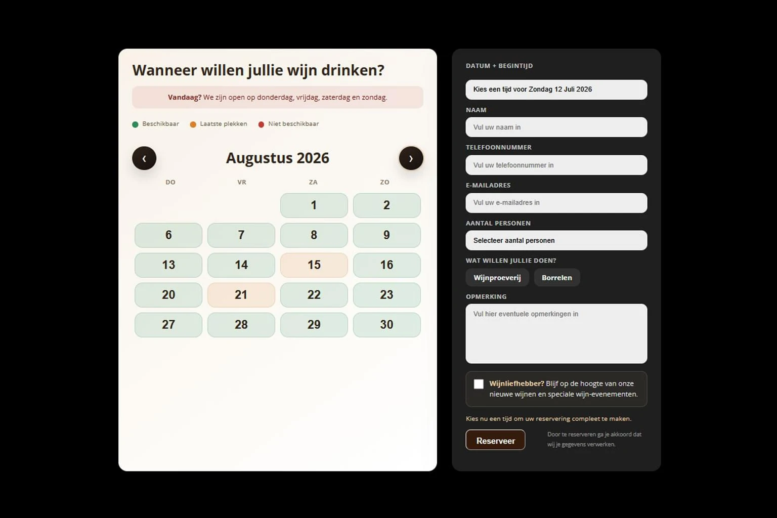 Reserveringsformulier voor Wijnbar Brel